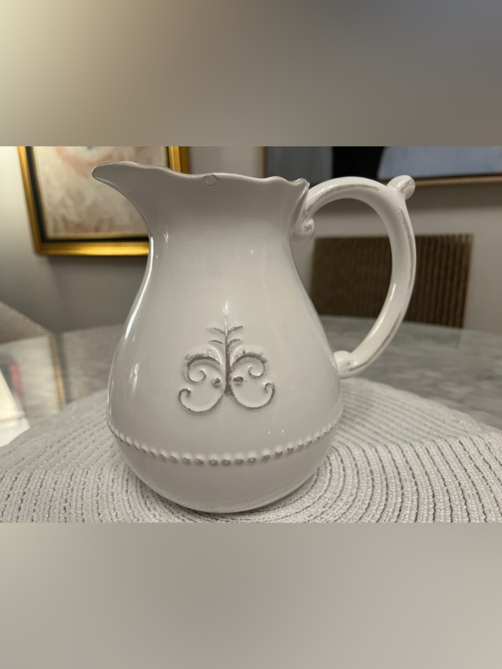 ANTHROPOLOGIE White “Fleur de Lys” Pitcher/Jug/Vase - Picture 4 of 4